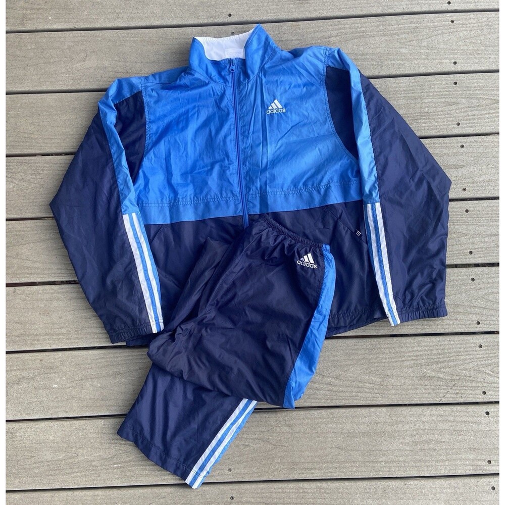 Y2K Adidas Track Suit Blue Navy Color Block Women’s Jacket And Pants Set Large